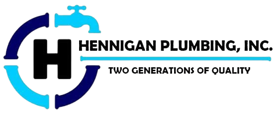 Hennigan Plumbing, Inc. logo with blue and navy pipe icon and tagline "Two Generations of Quality"