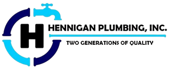 Hennigan Plumbing, Inc. logo with blue and navy pipe icon and tagline "Two Generations of Quality"