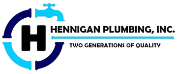 Hennigan Plumbing, Inc. logo with blue and navy pipe icon and tagline "Two Generations of Quality"