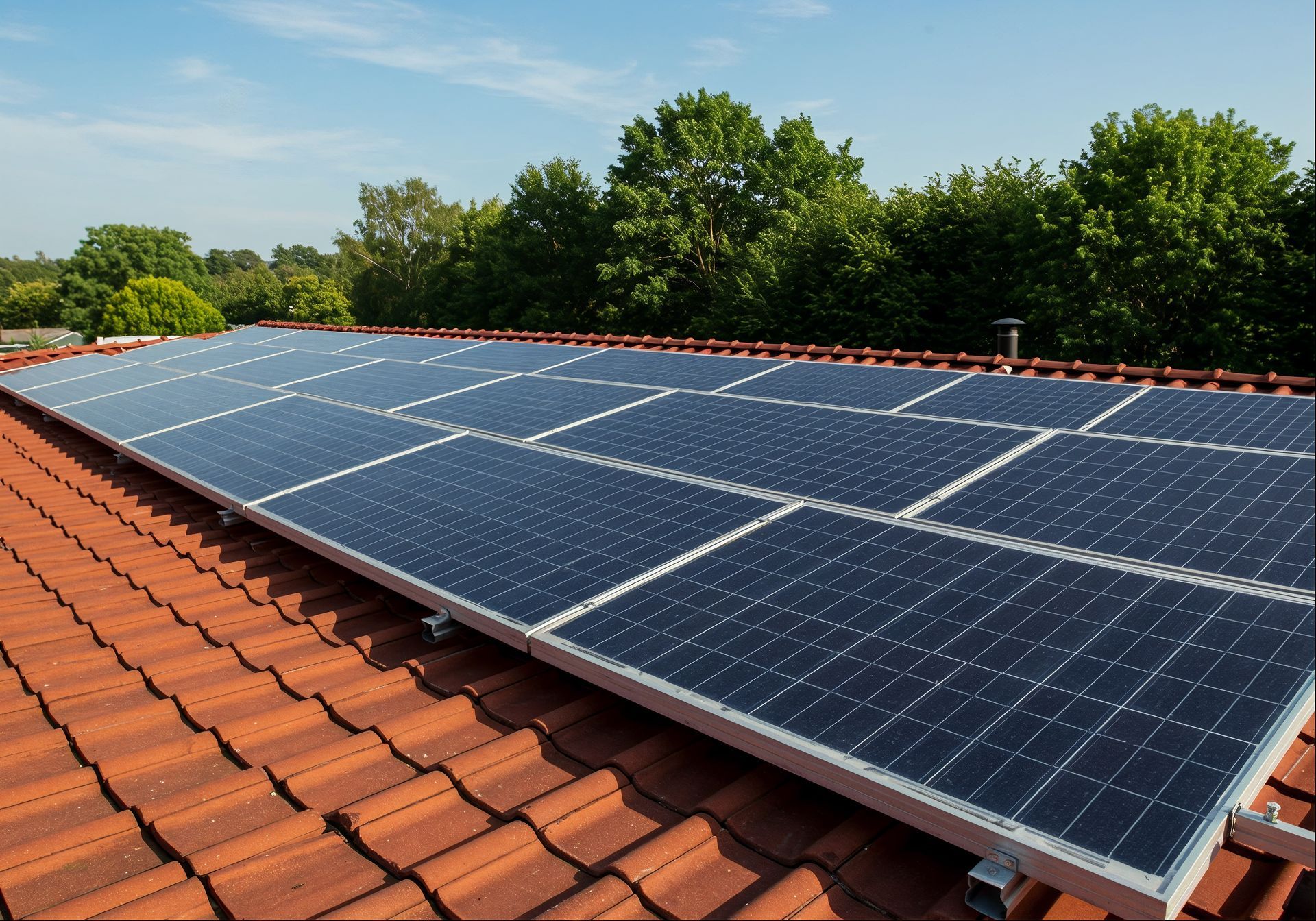 Uma grade de painéis solares escuros montada em um telhado inclinado de telhas de terracota, tendo como pano de fundo um céu azul claro e árvores verdes.