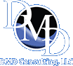 Blue and white DMD Consulting, LLC logo with a stylized “M” and circular swooshes