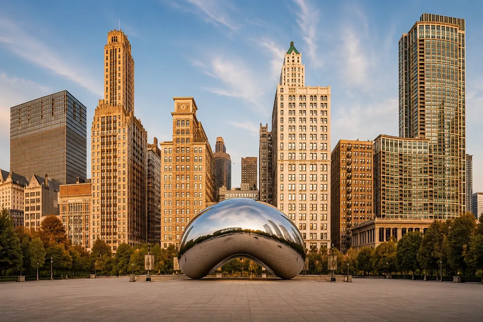 Chicago skyline with the reflective Cloud Gate sculpture in Millennium Park at sunset