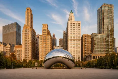 Cloud Gate sculpture in Chicago’s Millennium Park, with skyline skyscrapers at sunset.