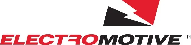 ElectroMotive logo in red italic text with a red and black arrow graphic above it