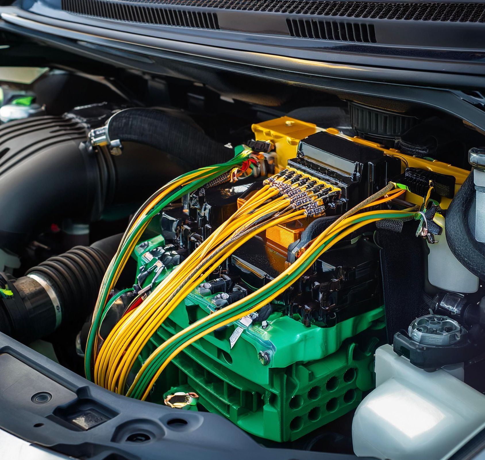 Automotive electrical componenets under the the hood of a vehicle.  We diagnose vehicle electrical issues in Redwood City, CA