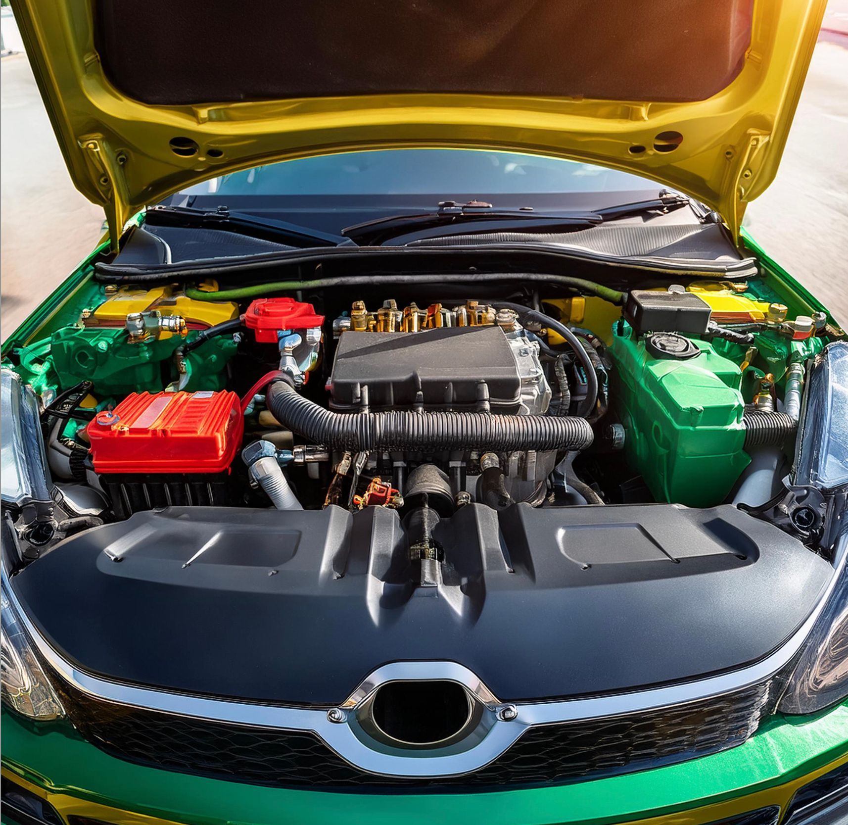 A vehicle's engine bay showing components of the vehicle along with the fuel system connected for fuel system repairs.  Redwood City, CA