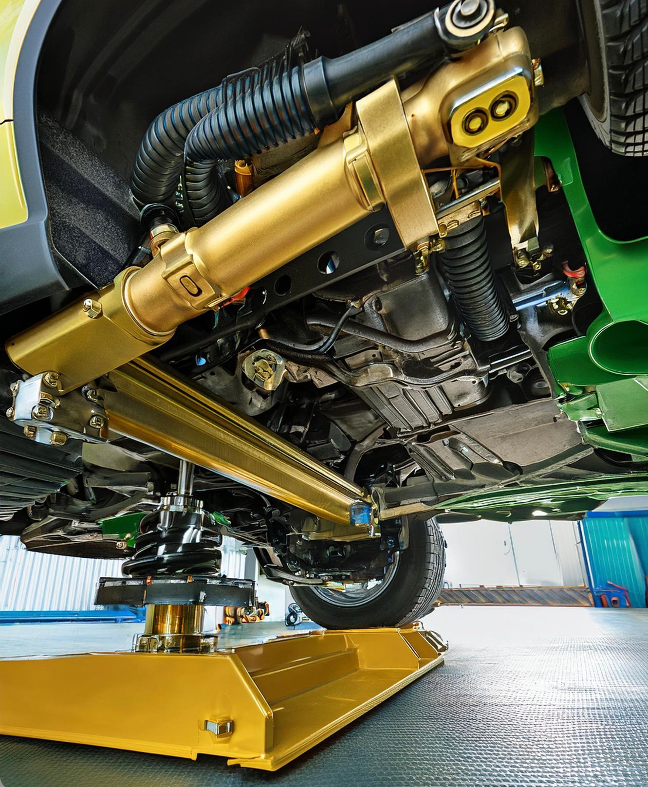 The image shows the undercarriage of a vehicle showing steering and suspension components in need of repair in Redwood City, CA 