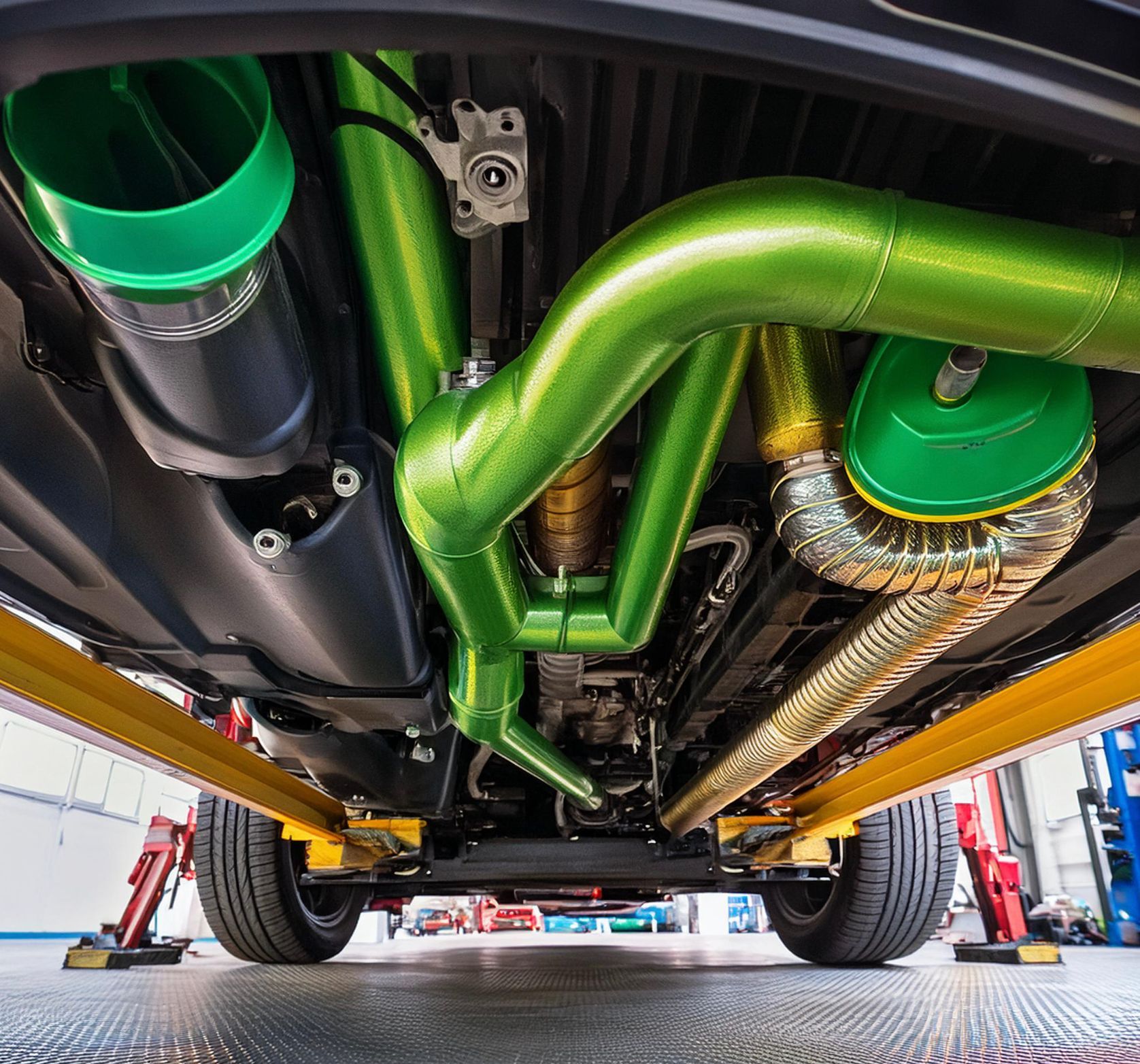 A vehicles exhaust system visible from under the vehicle while racked on a hoist at an auto repair facility.  Redwood City, CA