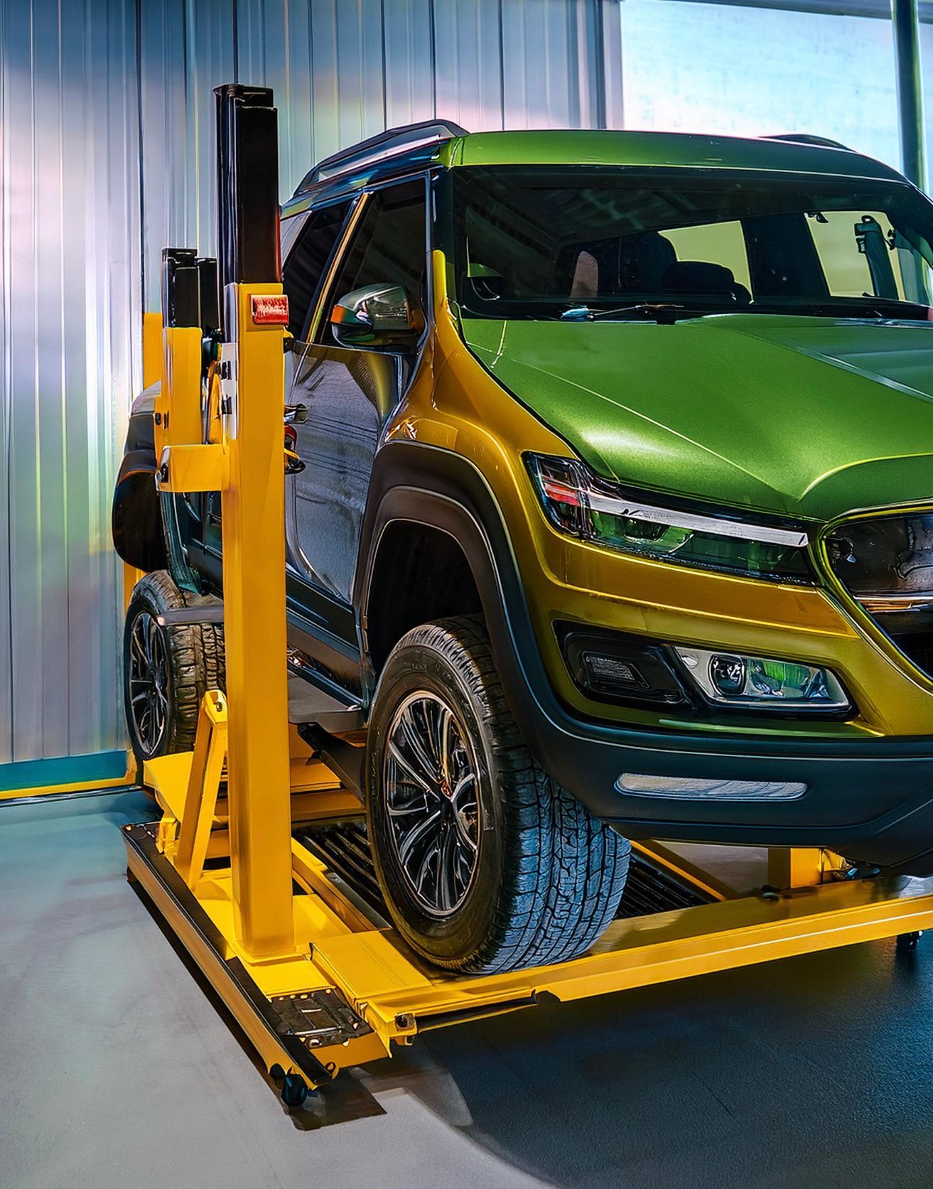 The image shows a Jeep like vehicle racked on our mechanics auto repair hoist in preparation for auto repair and maintenance at our auto repair facility in Redwood City, CA.
