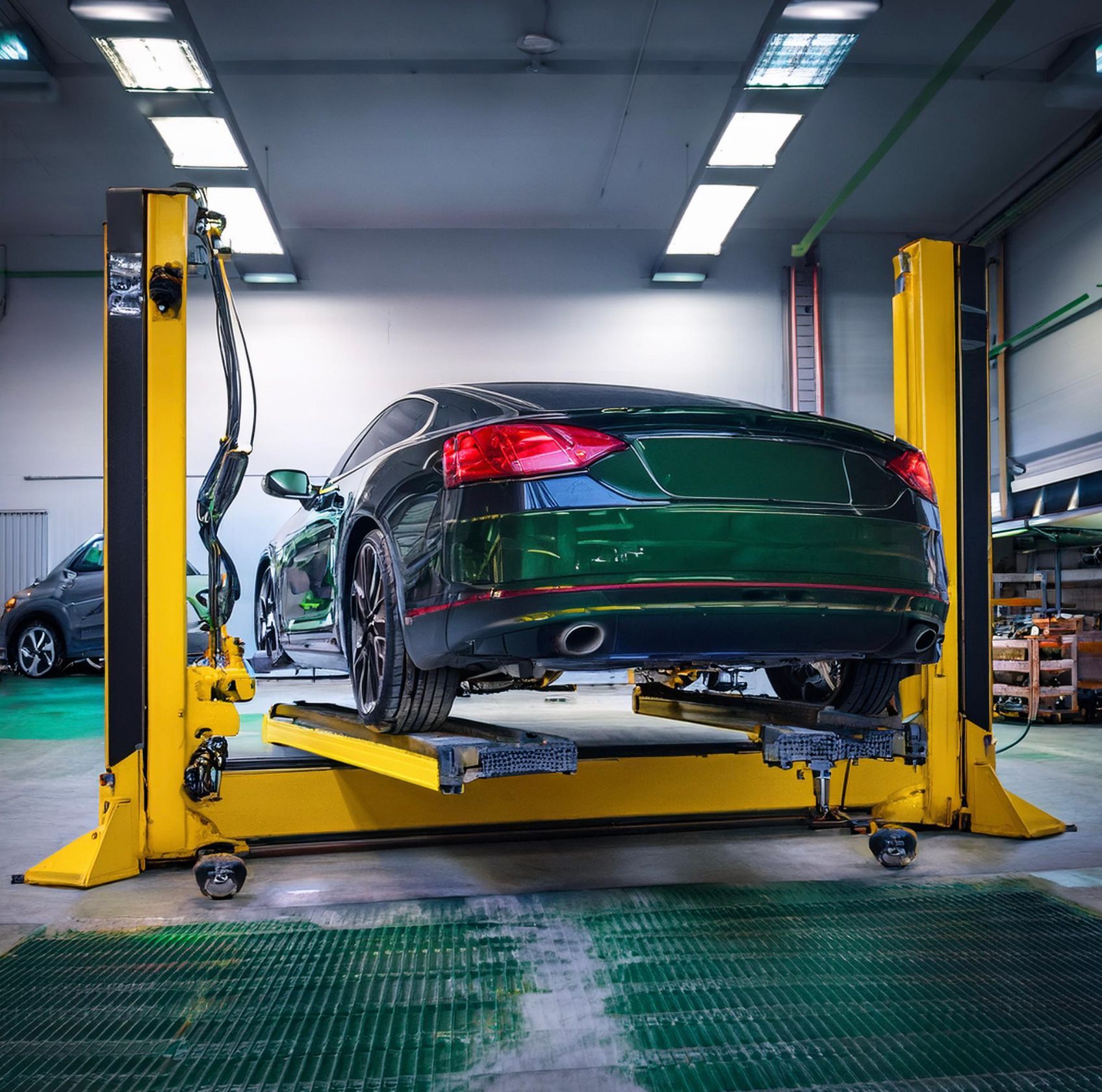 The image shows a Mitsubishi like vehicle racked on a hoist in preparation for our Redwood City, CA based mechanics to perform auto repair and service.