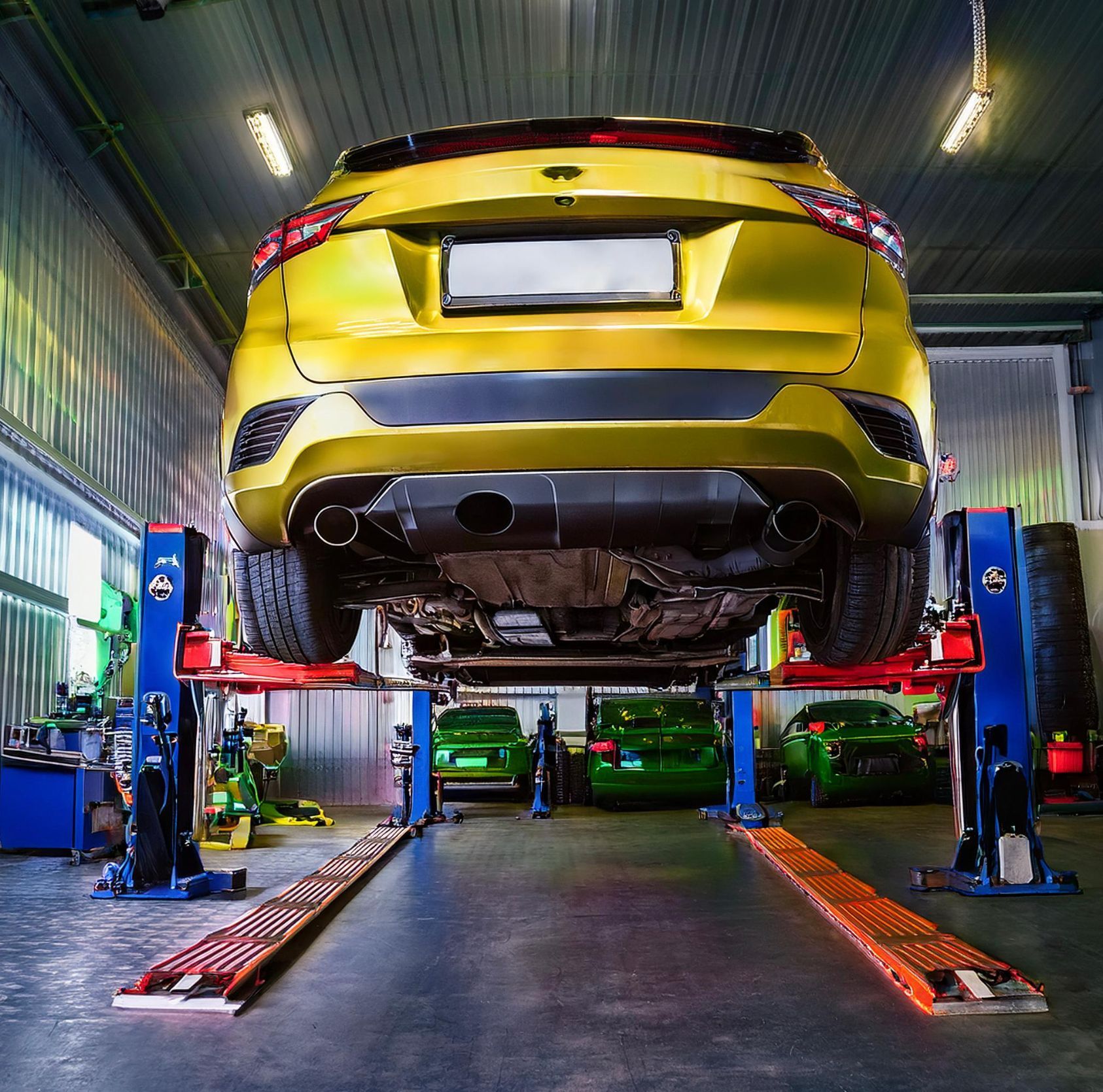 The image shows a SAAB like vehicle racked on our mechanics auto repair rack in Redwood City, CA in preparation for auto repair and service.
