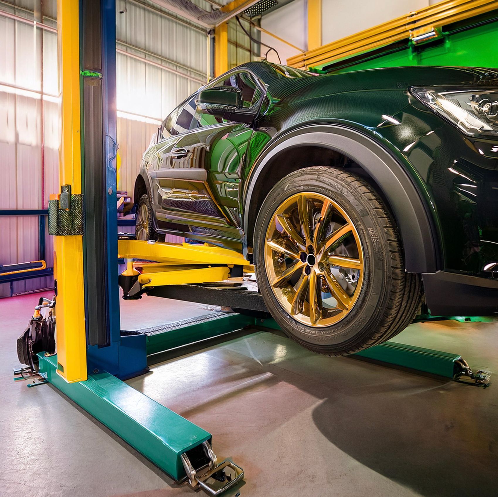 The image shows a Scion-like vehicle racked on our mechanic's rack in preparation for auto repair and service at our Redwood City, CA facility.