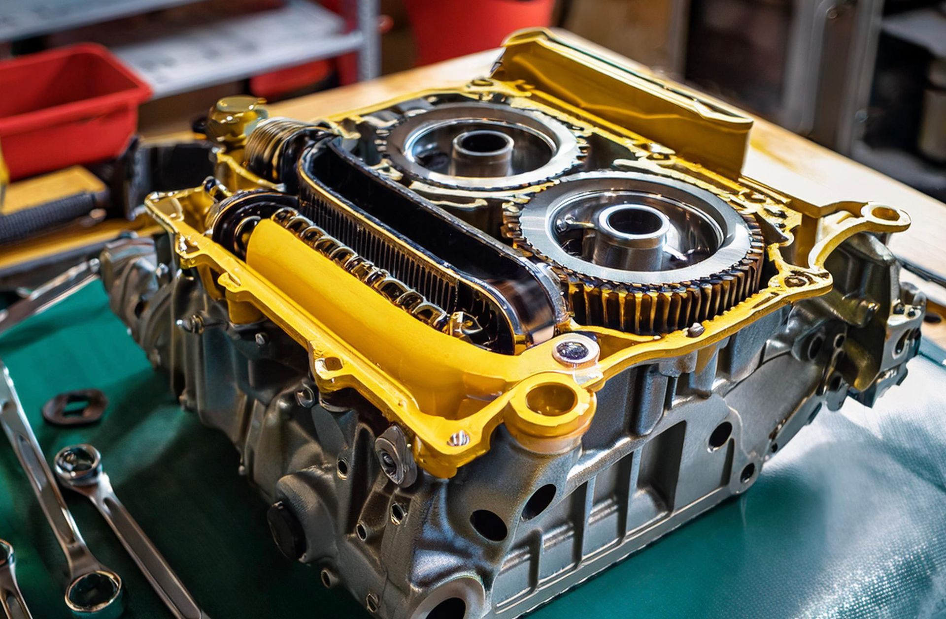 The image shows the engine of a vehicle disassembled to gain access to the timing gears and timing chain components in Redwood City, CA
