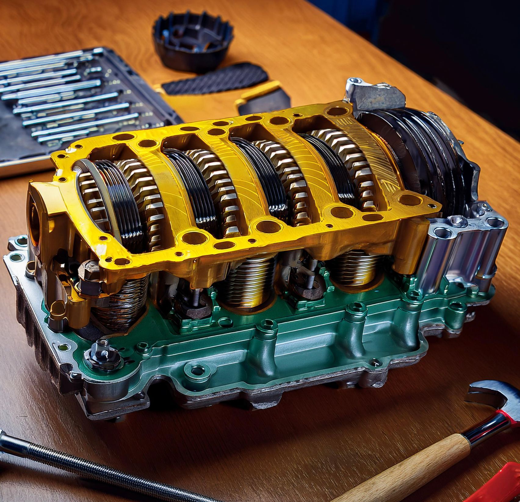 The image shows an image of the internals of a futuristic automotive transmission during the build process in Redwood City, CA