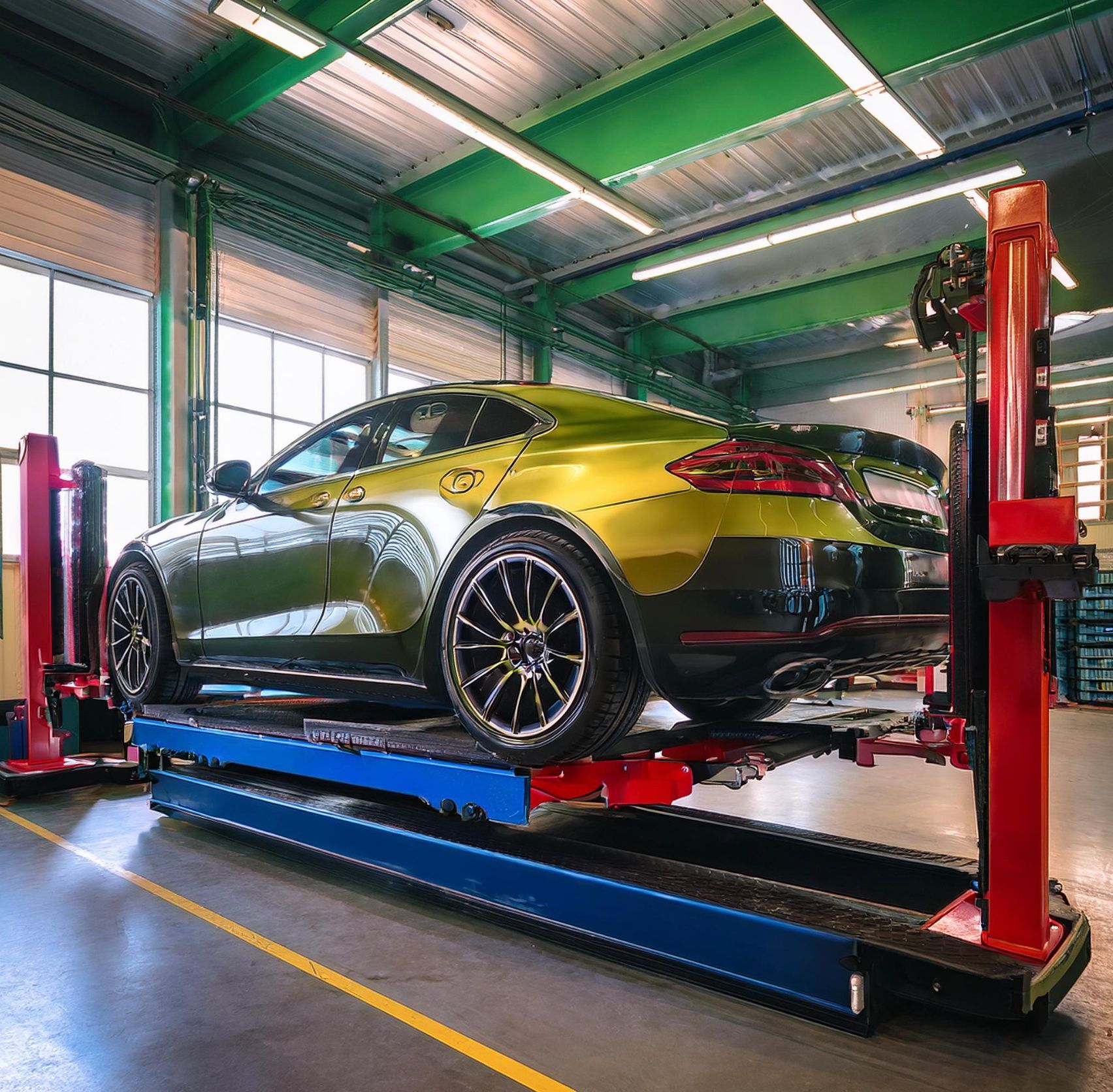 The image shows a volkswagen like vehicle racked on our mechanics rack in Redwood City, CA in preparation for auto repair and service.
