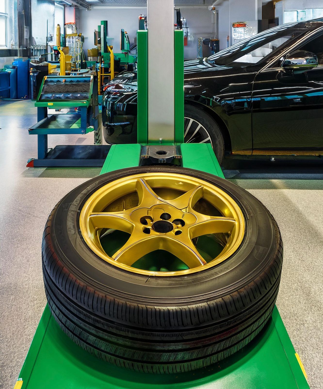 The image shows a vehicle rim with tire mounted ready to be balanced and installed on a vehicle in Redwood City, CA