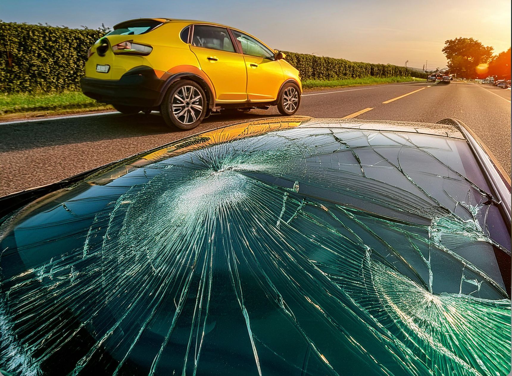 Image of a vehicle with a damaged and cracked windshield from impact due to road debris.  Redwood City, CA