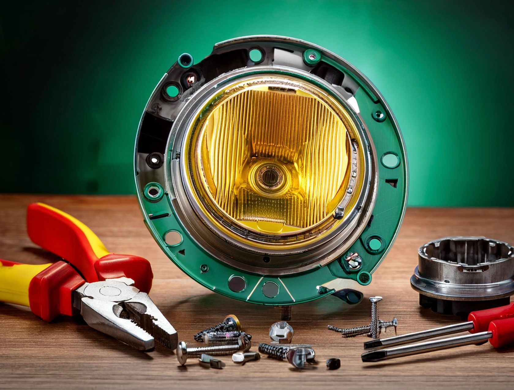 The headlamp assembly removed and sitting  on a mechanics workbench for replacement of burnt head light bulb Redwood City, CA.