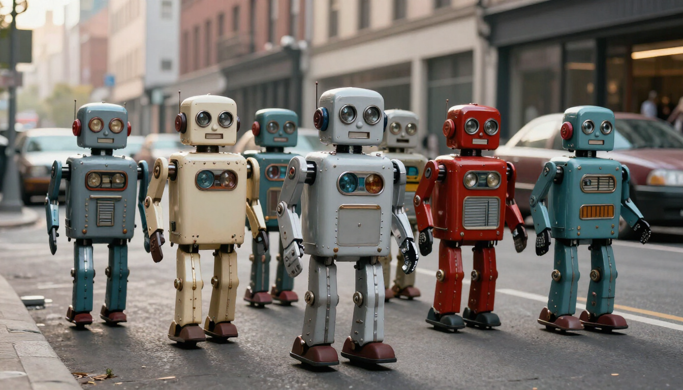 Robots marching through a city