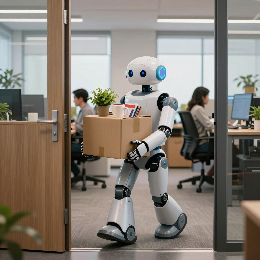 Robot carrying a box in an office