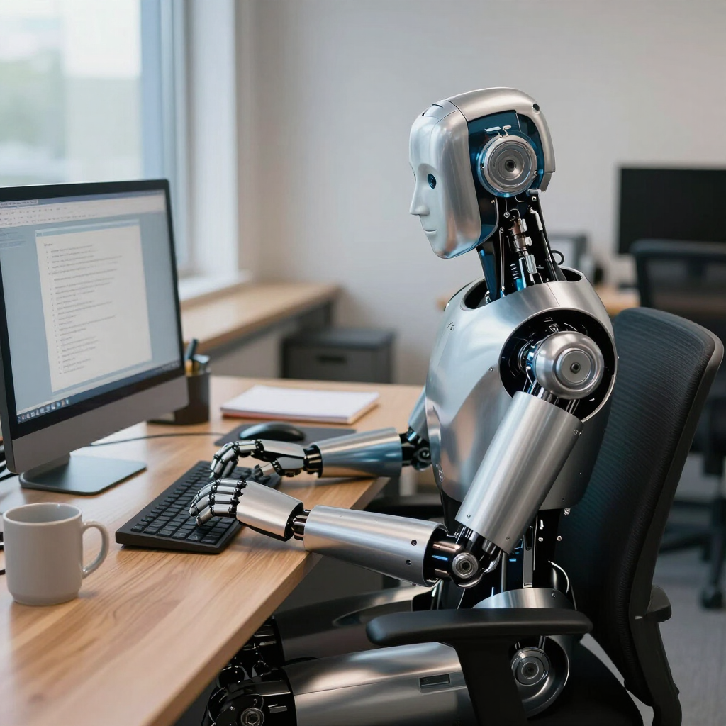 Robot working at a desk