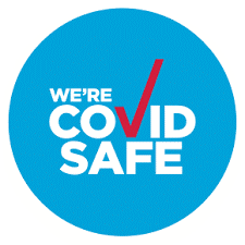 A blue circle that says we're covid safe