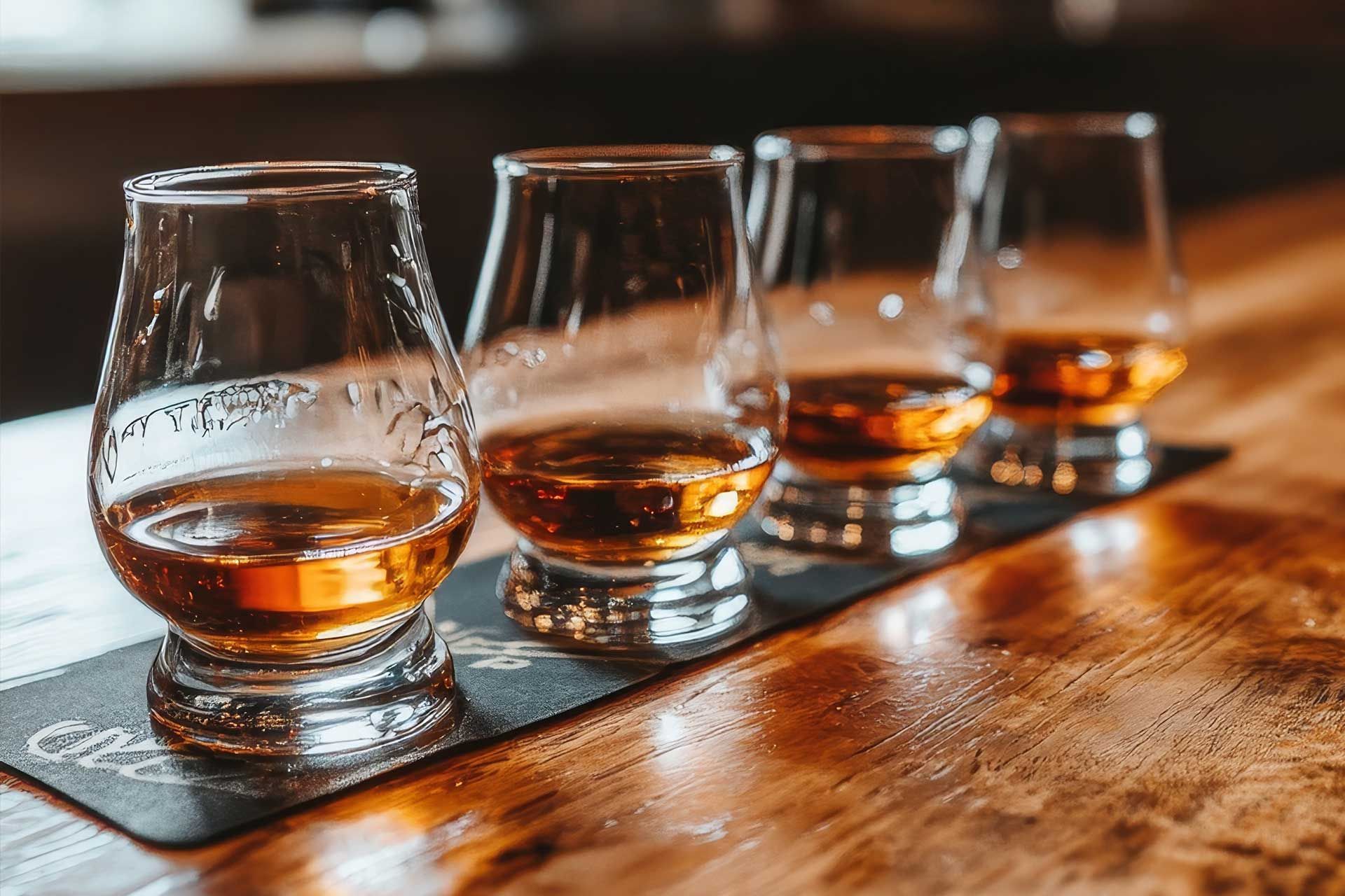 Four whiskey glasses with amber liquor on a wooden table, lit warmly from the side