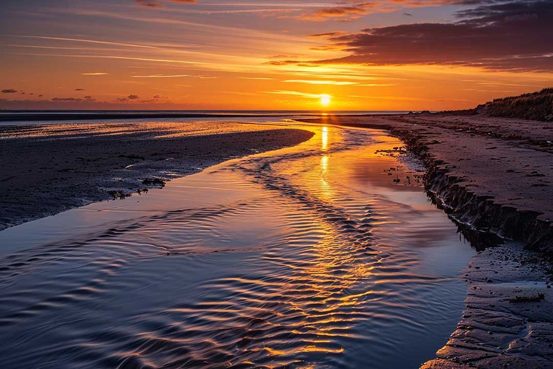 Troon Beach with sun setting in the distance
