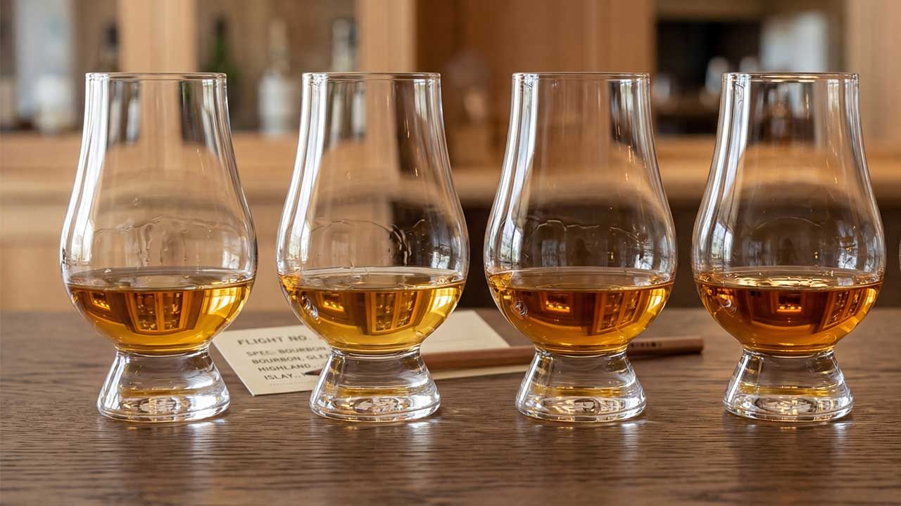 Four whiskey glasses with amber drinks lined up on a wooden table in a tasting setting