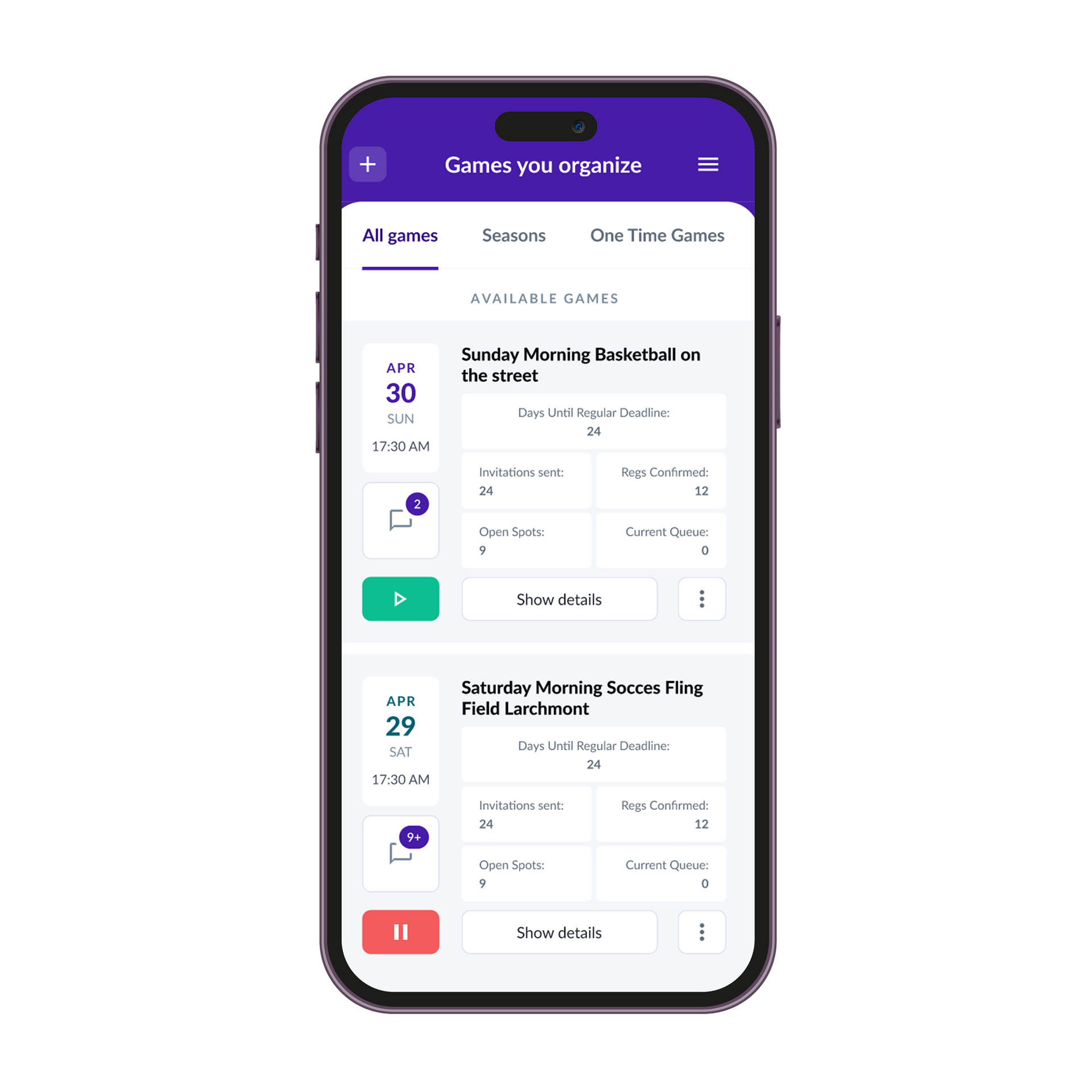 Smartphone screen showing a purple-topped schedule/task app with event cards and action buttons