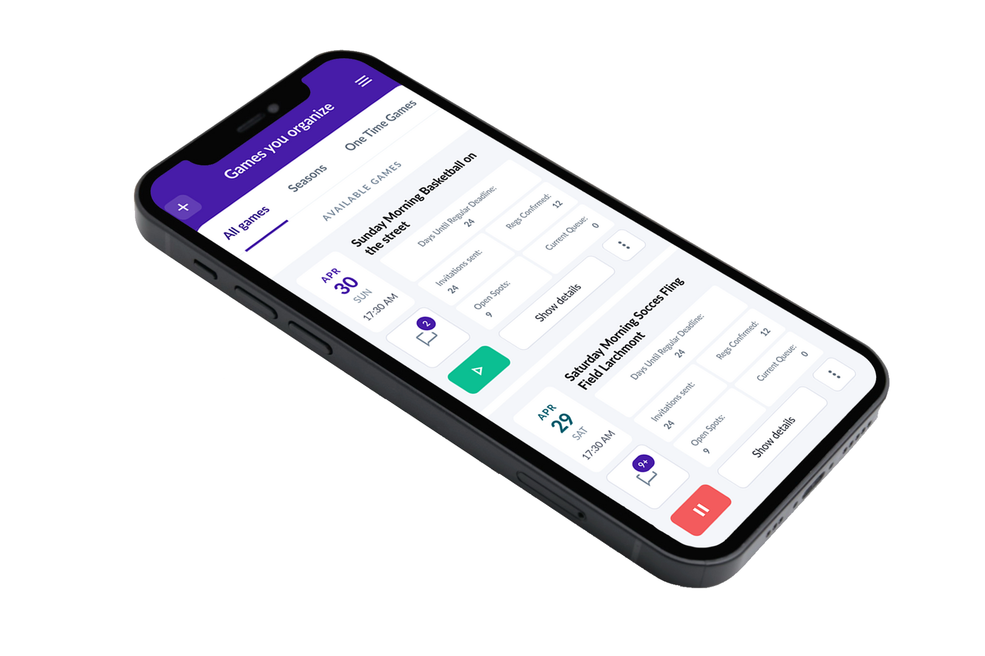 Smartphone showing a purple-themed app dashboard with cards and action buttons on a white screen