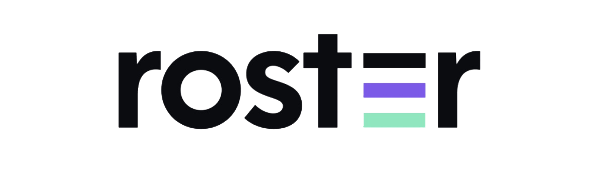 Logo reading “roster” in black, with purple and teal horizontal bars forming the “e” shape