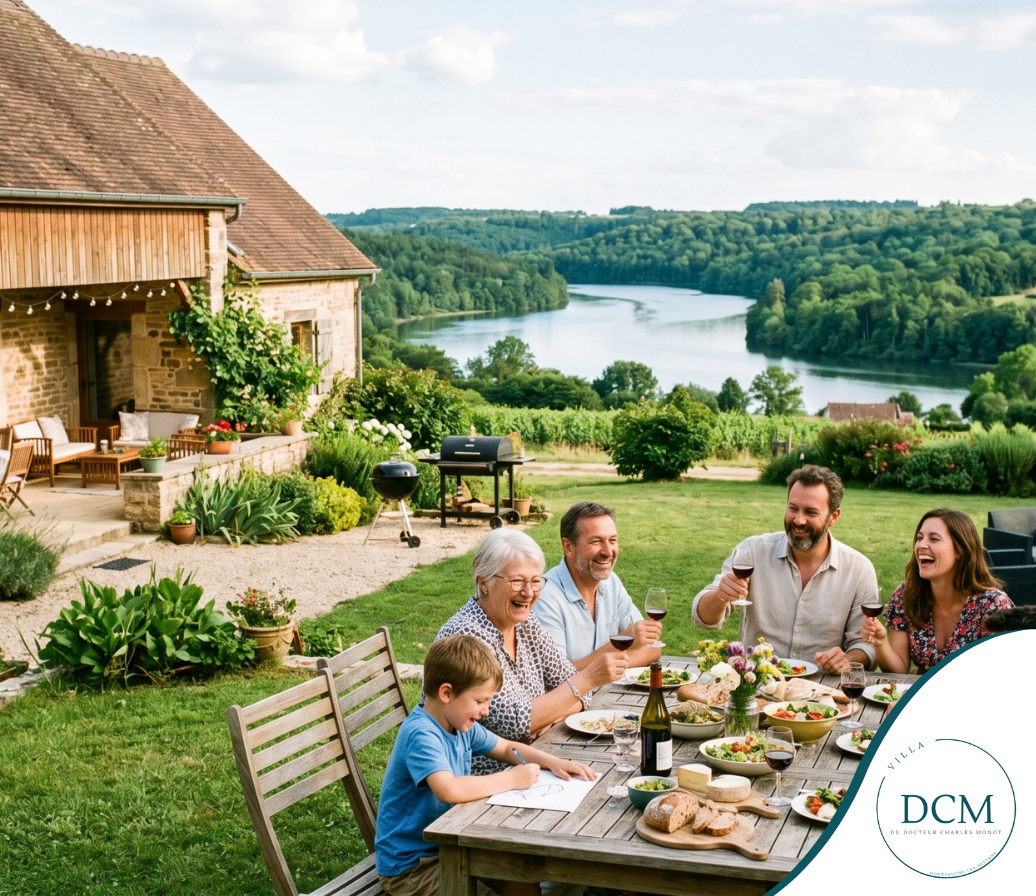 Une famille multigénérationnelle savoure un repas en plein air à une table offrant une vue imprenable sur une rivière et des collines verdoyantes.