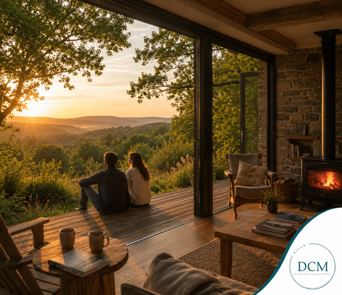 Intérieur chaleureux d'un chalet, deux personnes assises sur un canapé contemplant le coucher de soleil sur les collines à travers les fenêtres ouvertes, la cheminée crépitant.