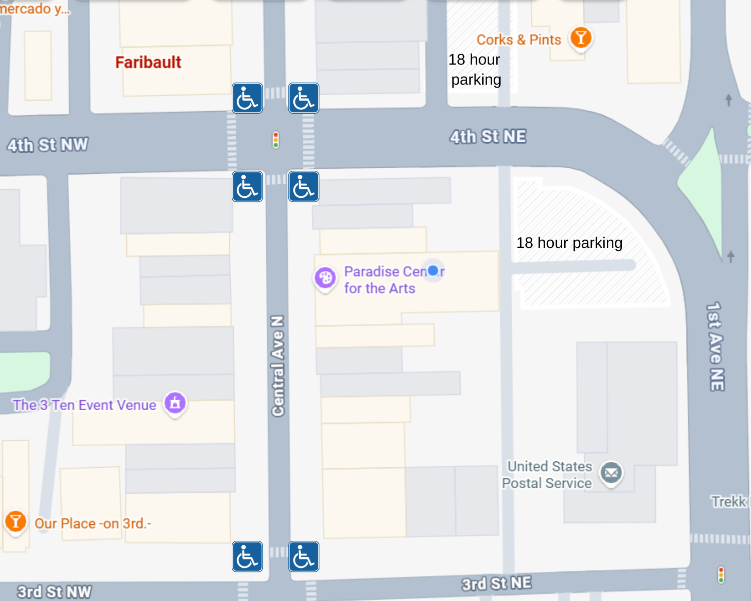 Map of Central Avenue where the accessible paring spots are located