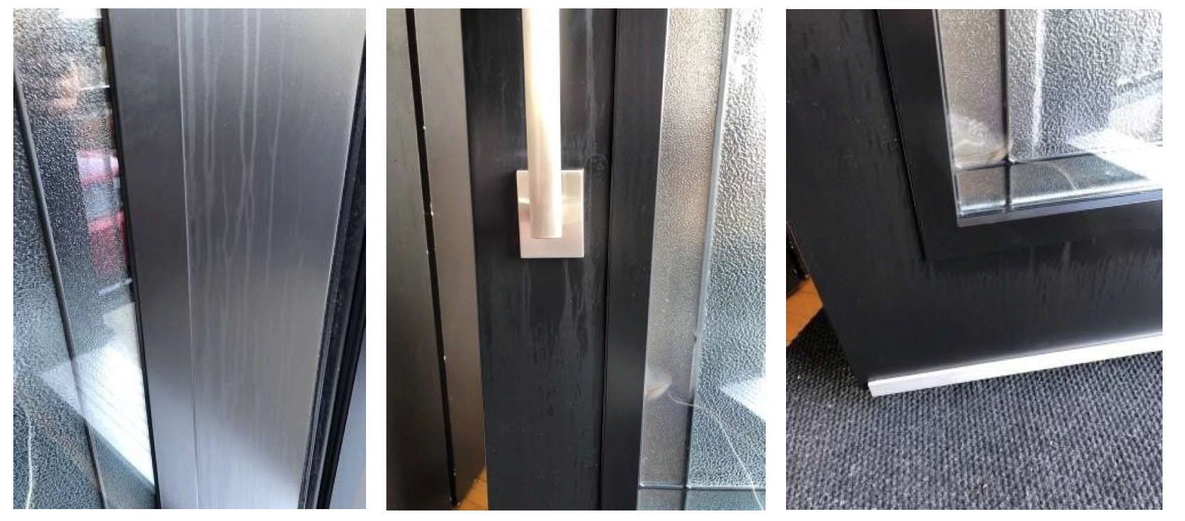 Un collage de trois photos d'une porte noire avec une poignée blanche.