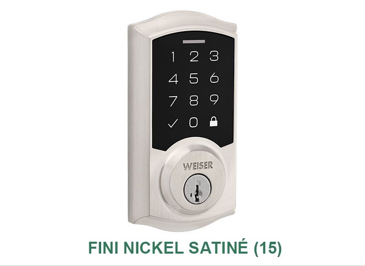 Une photo d'une serrure à clavier avec les mots fini nickel satiné ( 15 ) en dessous