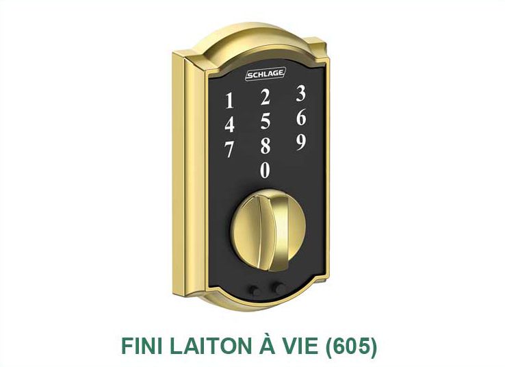 Une serrure de porte dorée avec un écran noir et des chiffres dessus.