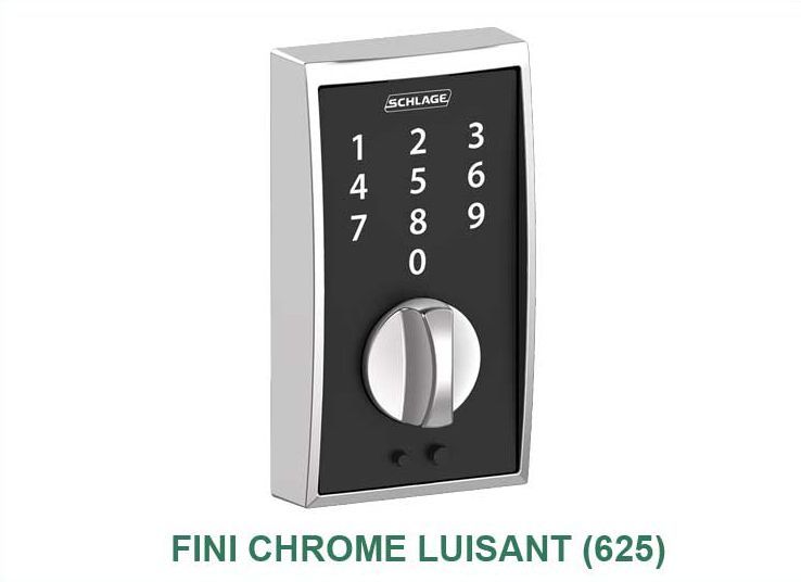 Une photo d'une serrure de porte sans clé portant la mention fini chrome luisant 625