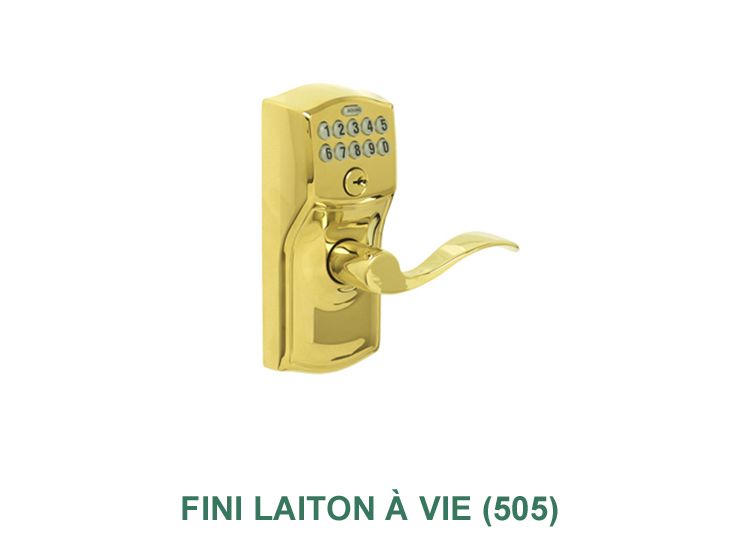 Une photo d'une serrure de porte sur laquelle est écrit fini laiton à vie ( 505 )