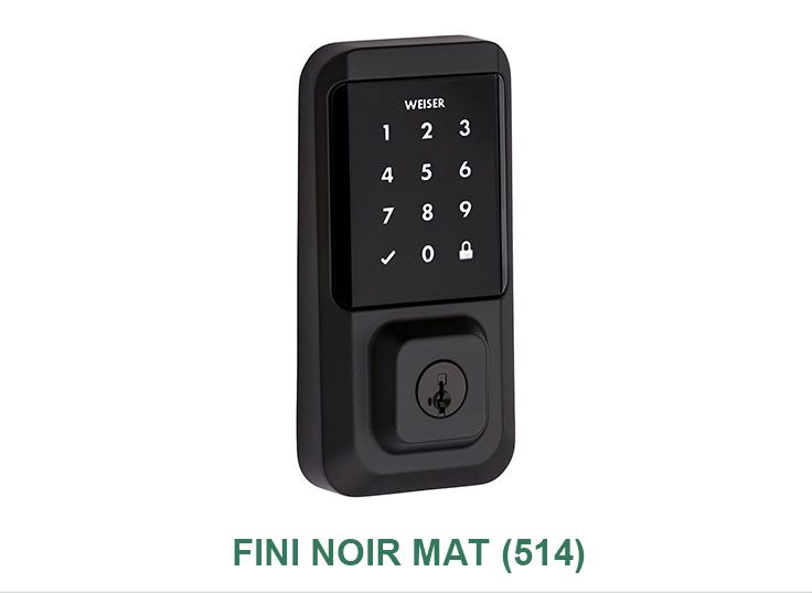 Une serrure de porte numérique noire avec un clavier sur fond blanc.