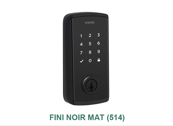 Une serrure de porte numérique noire avec un clavier sur fond blanc.
