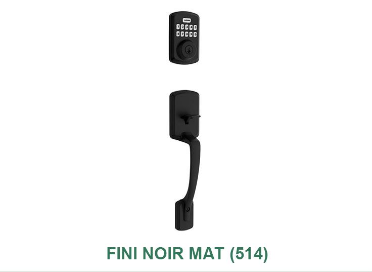 Une image d'une serrure de porte noire avec une poignée sur fond blanc.