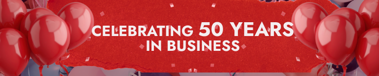 Red banner with red balloons and white text reading “Celebrating 50 years in business” | Gil's Auto & Truck Repair