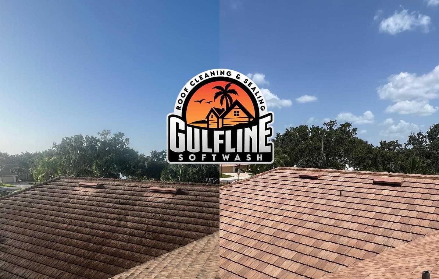 A picture of a roof before and after being cleaned by gulfline soft wash.