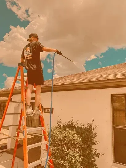 A man is standing on a ladder spraying a house with a hose.