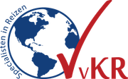 Logo: Blue globe, red checkmark, 