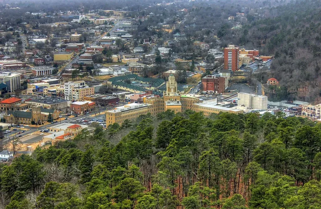 An aerial view of a city surrounded by trees and buildings.