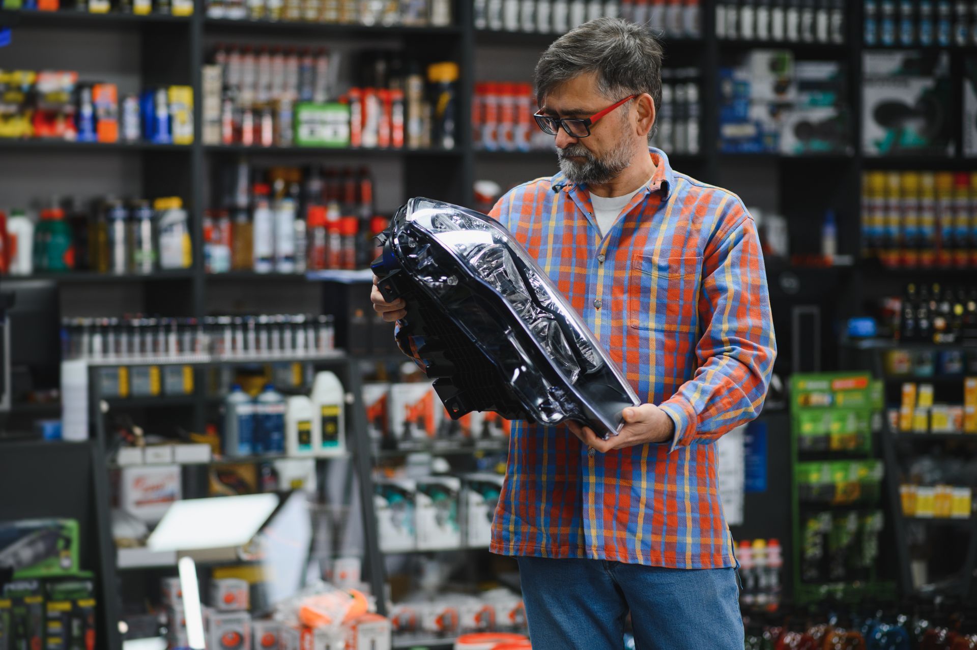 Man in a plaid shirt inspecting a large black backpack in a store aisle.