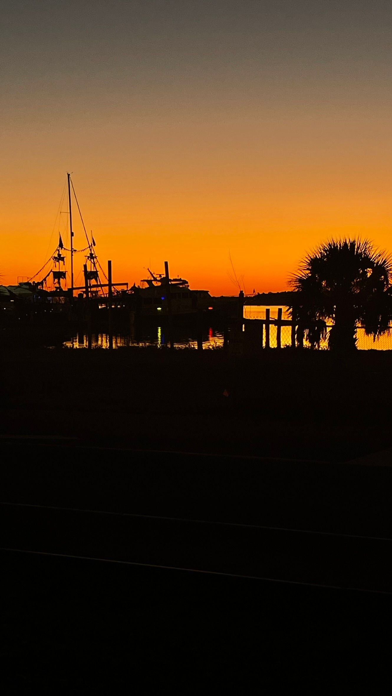 Silhouetted waterfront at sunset with orange sky, a boat, and palm trees